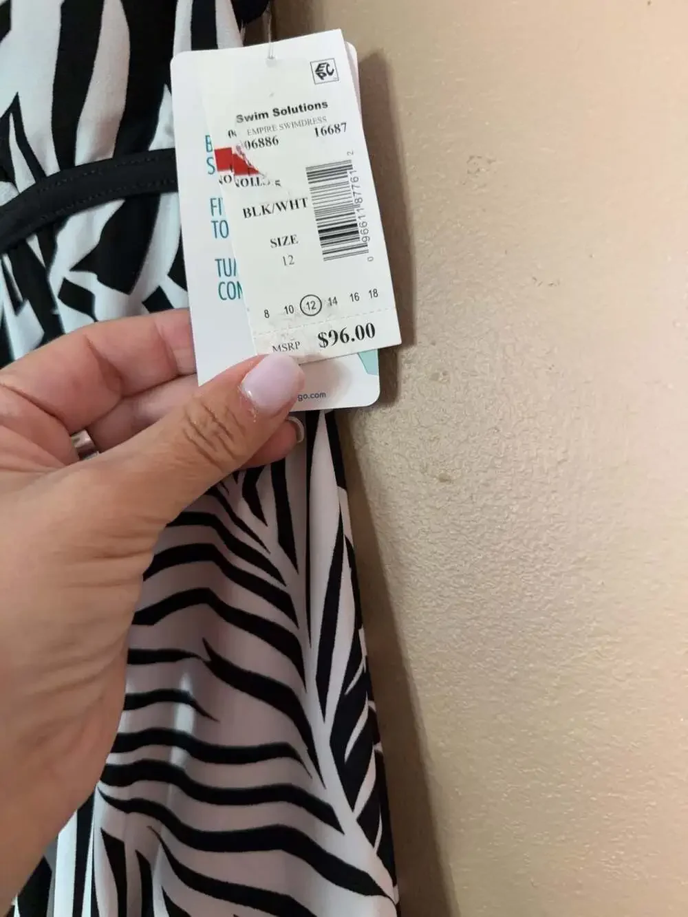Swim Solutions Empire Swimdress Black and White Palm Print Size 12 - Picture 3 of 5